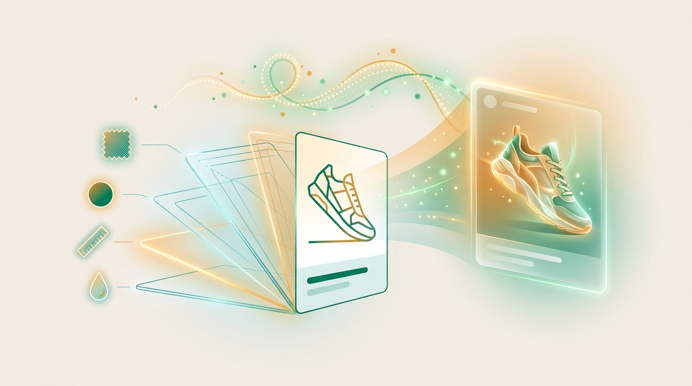 A product card opening into layered attribute blueprints — fabric, color, size, water resistance — woven by an AI spark into a richer ad card