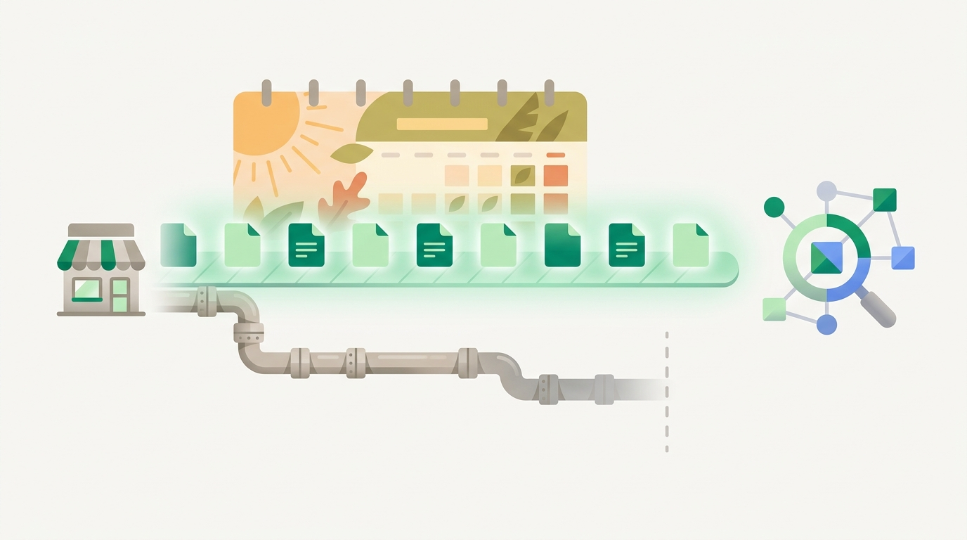 Two paths from a shop to Google: a healthy file-feed conveyor flowing green, and an old API pipe powering down at a barrier — the Content API sunset