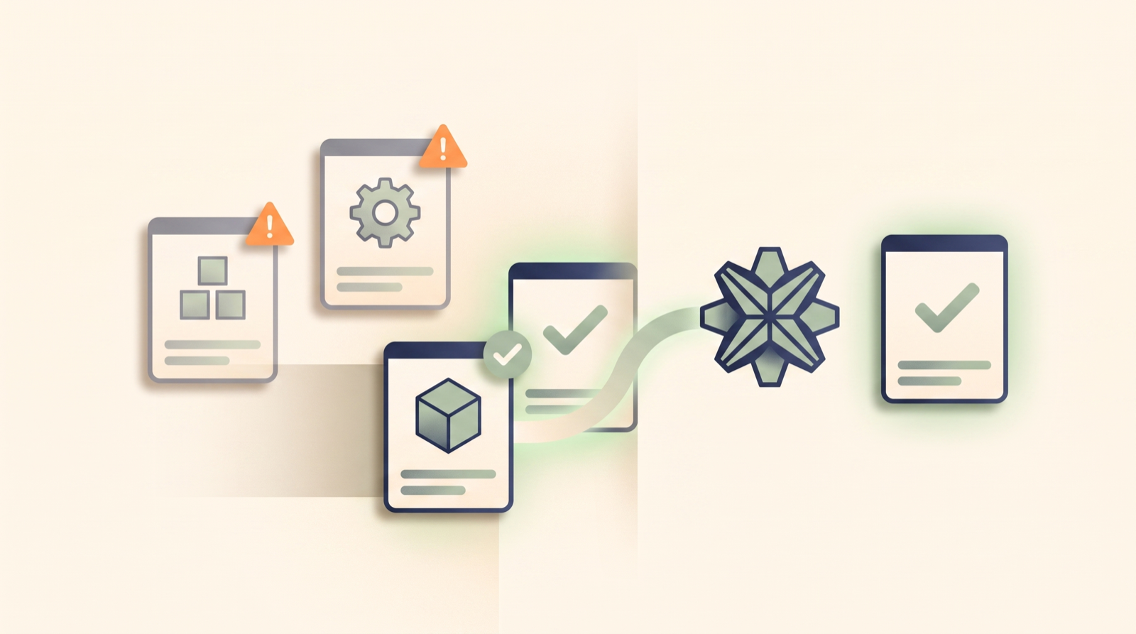 Editorial illustration of an AI agent resolving flagged product-feed errors into approved listings, in navy, warm orange, and muted green on cream.