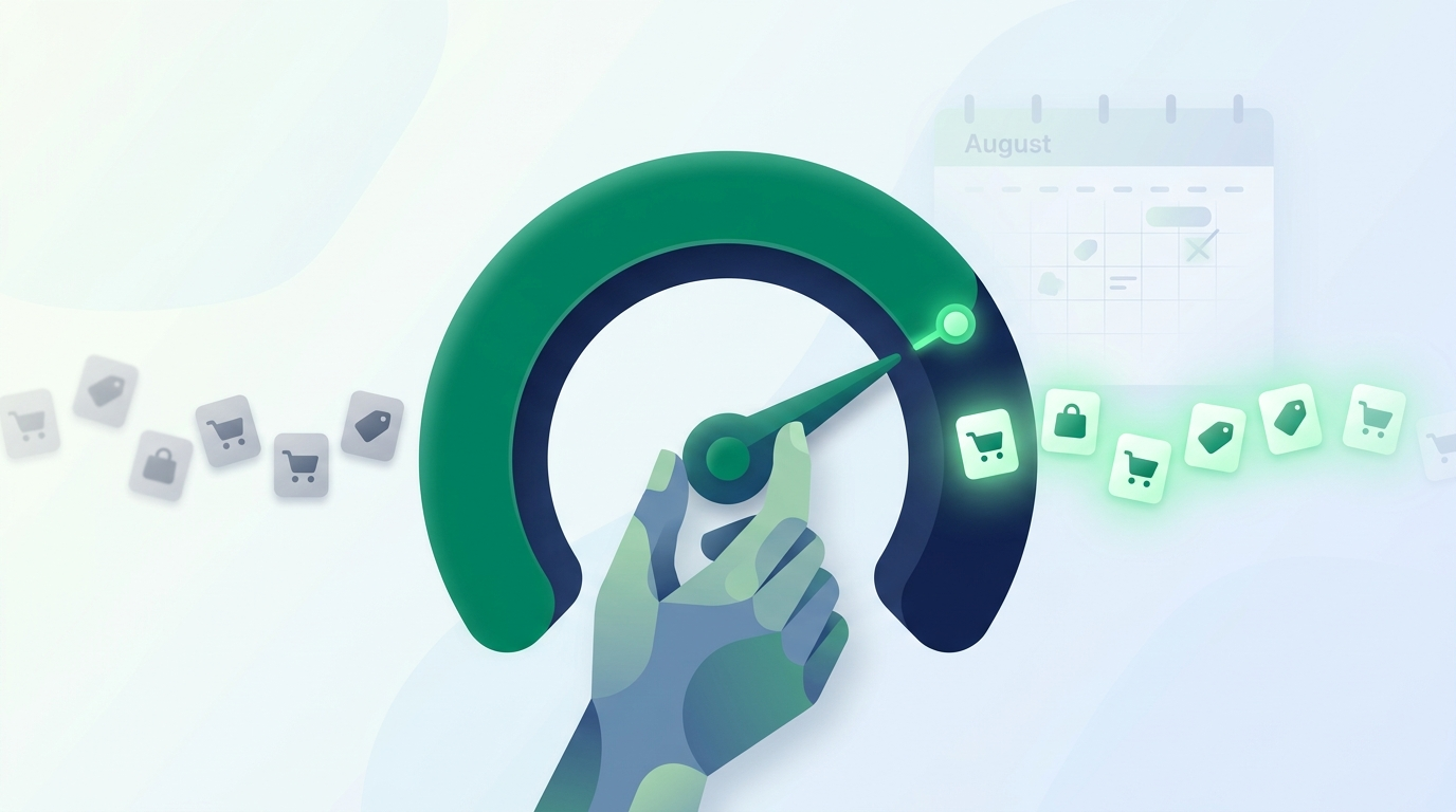 A precision dial being tightened over a stream of product cards — some glowing green, others dimmed — representing bidding targets becoming binding on product feeds