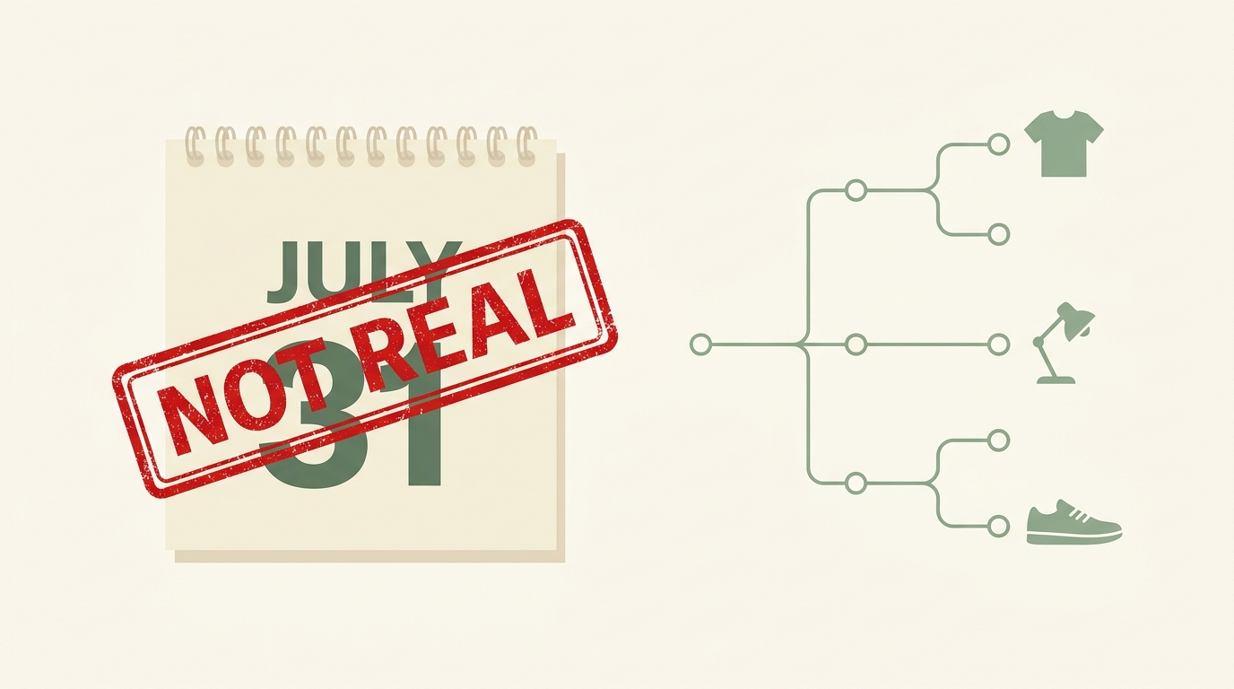 Illustration: a calendar page reading July 31 stamped NOT REAL beside an intact product category tree