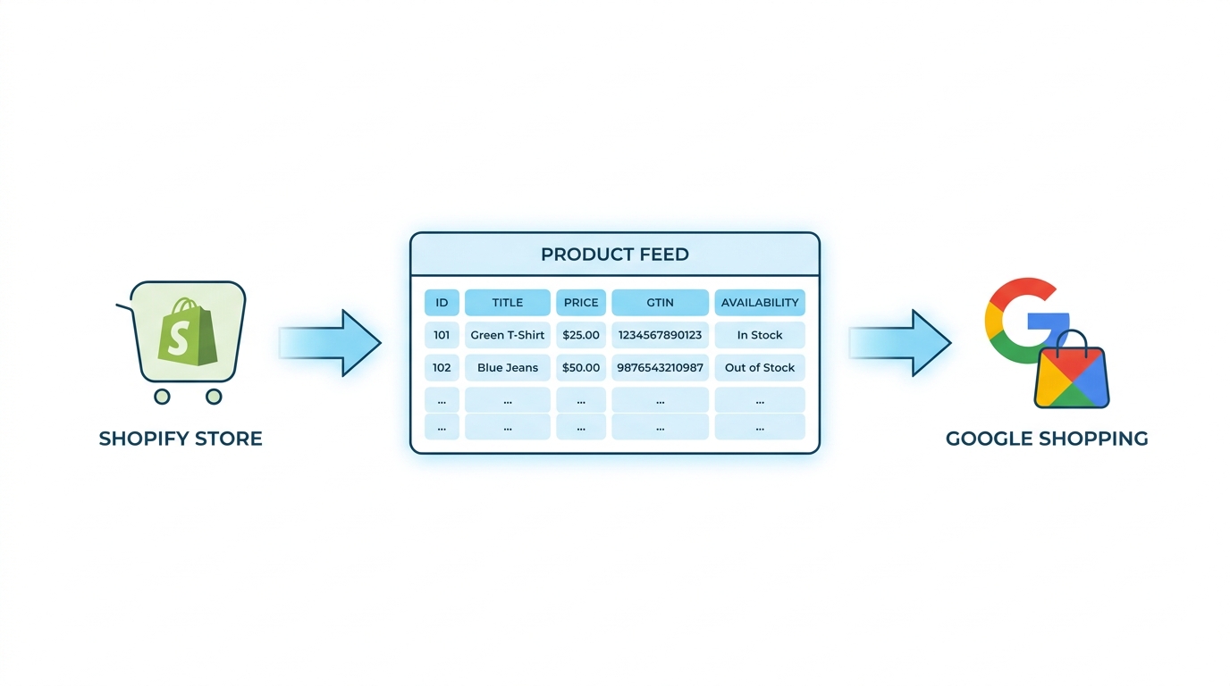 Diagram showing Shopify product data flowing through a structured product feed table into Google Shopping