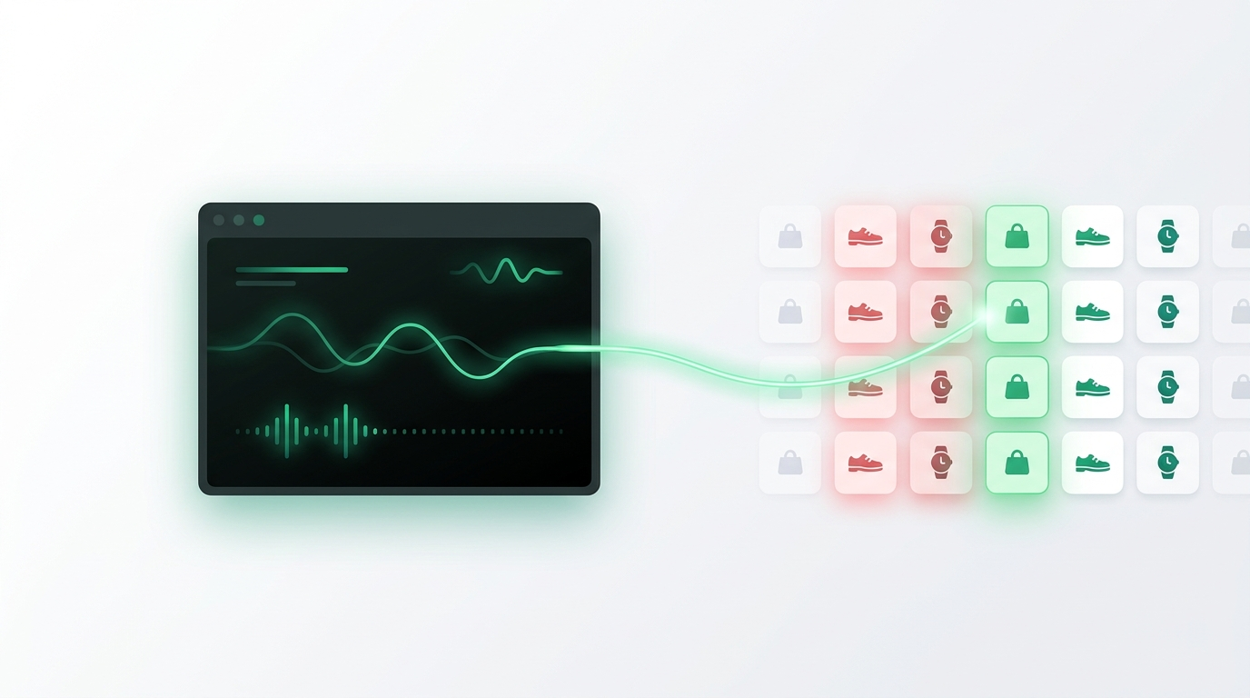 A terminal conversation with an AI agent connected to a grid of product cards snapping into alignment — feed errors turning healthy as the agent works